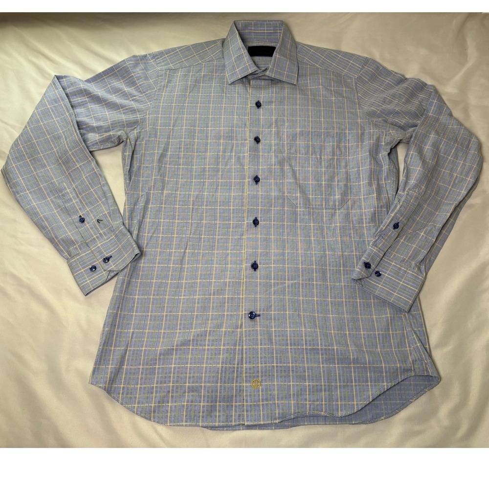 David Donahue Button Down Shirt Mens Medium Blue Plaid Excellent Long Sleeve